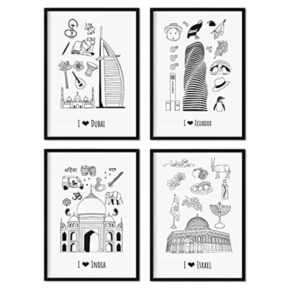 POSTER Set mit 4 Weltplatten 1 A3 Schwarzer Rahmen - Schwarz, Papier (29.7/3cm) - Nacnic