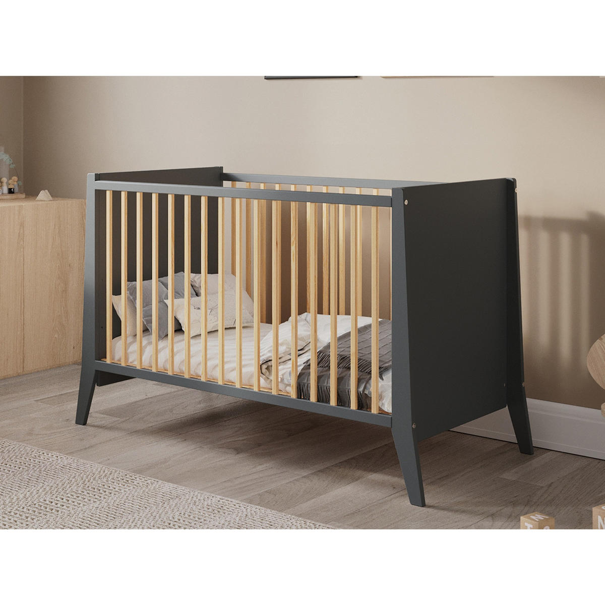 BABYBETT Zoe, Mitwachsendes, Anthrazit - Anthrazit, Holz (60/120cm) - Premiers Moments