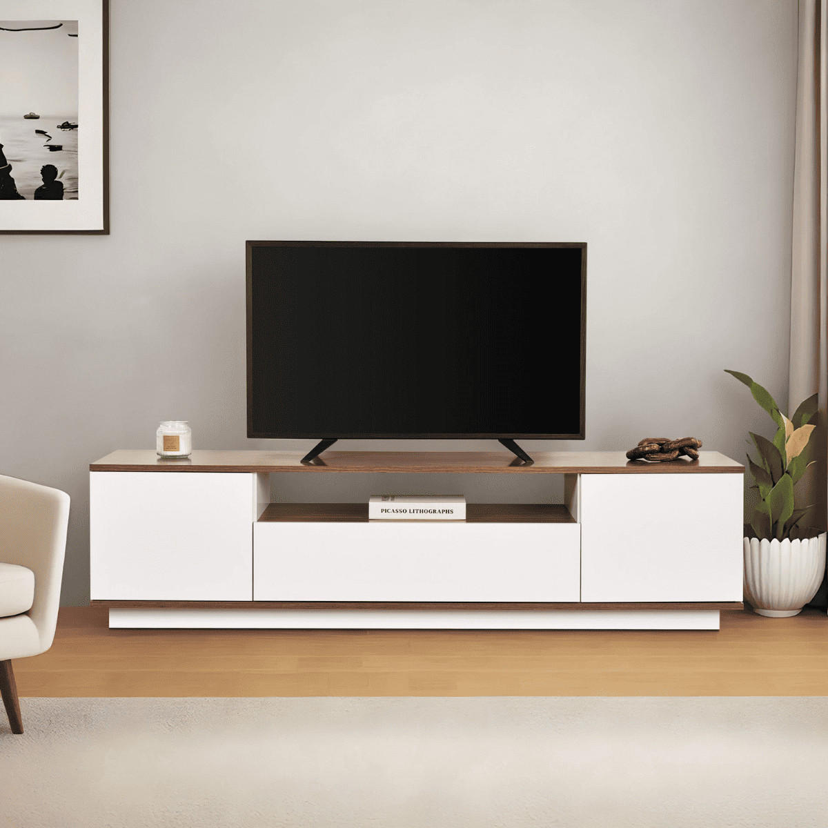 TV furniture with 3 folding doors and 1 niche, L180 cm - Weiß, Holzwerkstoff (44.5/44.6/12cm) - Calicosy