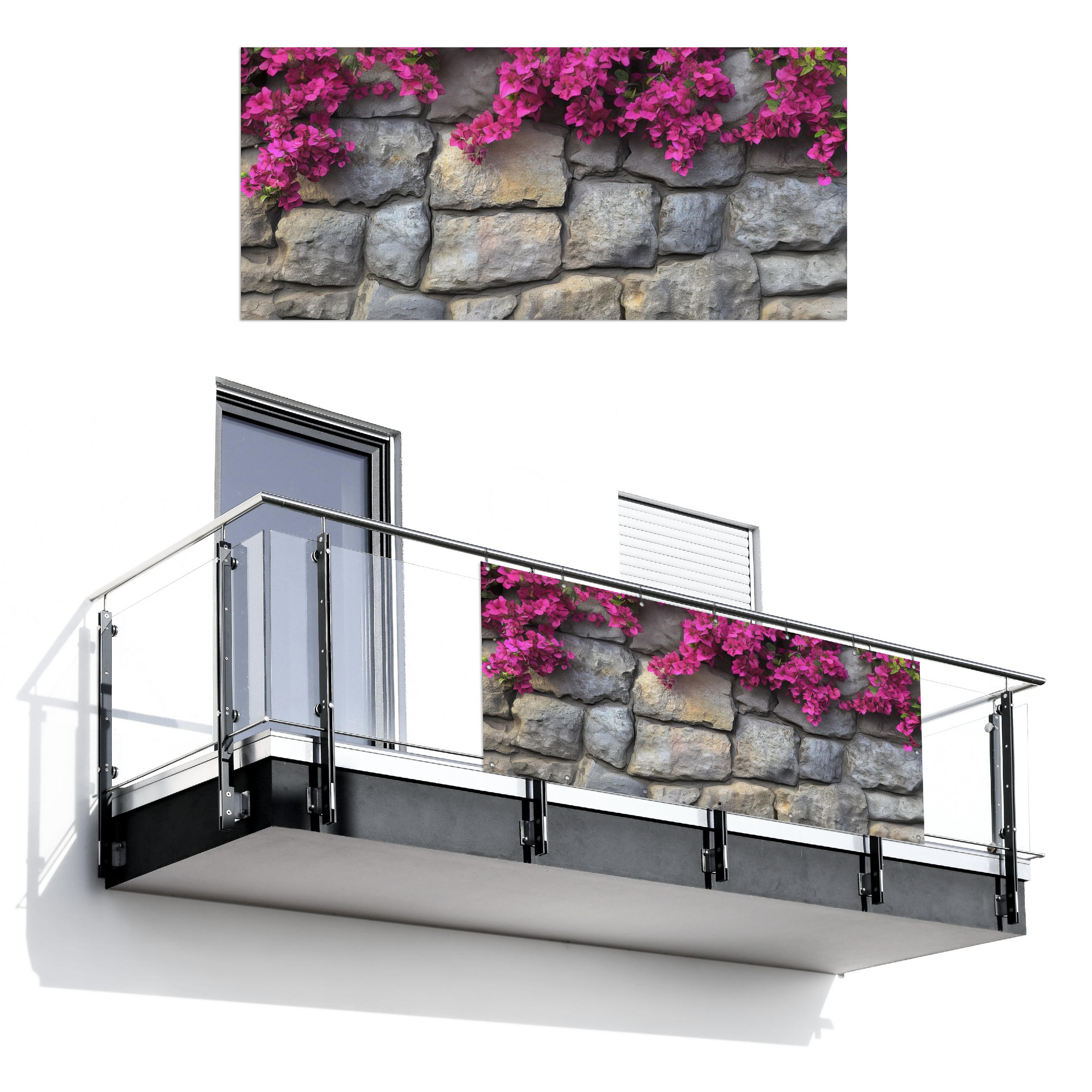 BALKON-SICHTSCHUTZ Bougainvillea - Steinmauer - Rosa - Magenta, Kunststoff (200/90cm) - MuchoWow