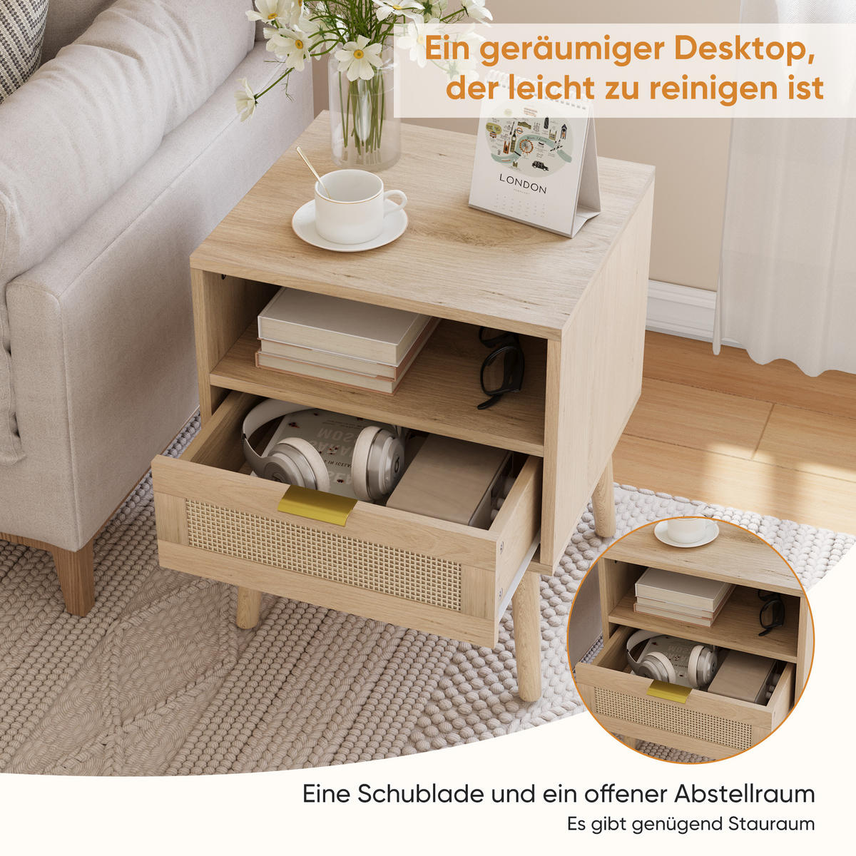 NACHTTISCH Eiche 45 cm – Boho Nachtkonsole mit Rattan & offenem Fach - Eichefarben, Holzwerkstoff (45/55/40cm) - Urban Meuble