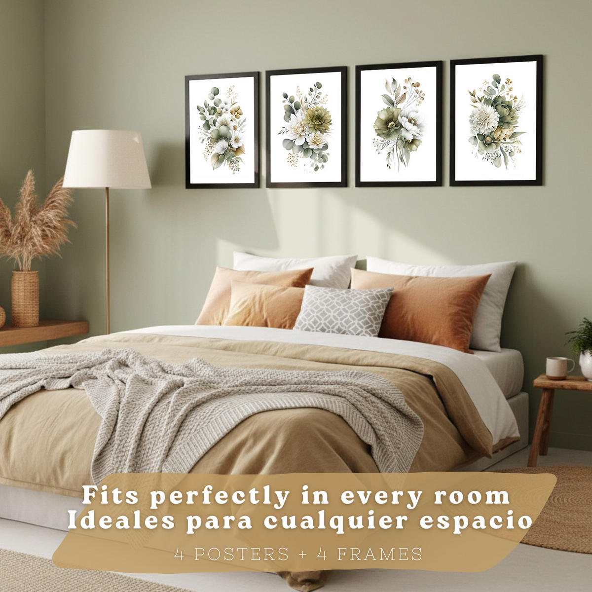 PLAKAT Sada 4 boho botanických uměleckých tisků. Akvarelové květinové nástěnné umění. Velikost Černý rám A3 - černá, papír (29.7/42/3cm) - Nacnic
