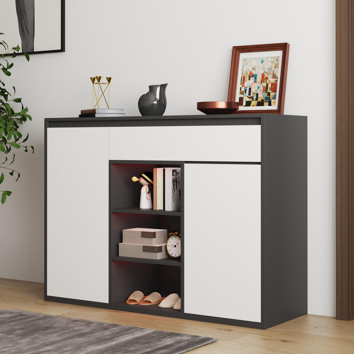 SCHUHSCHRANK 2 Türen LED 12-17 Paar - Schwarz, Holzwerkstoff (105/86/39.5cm) - LEBENLANG