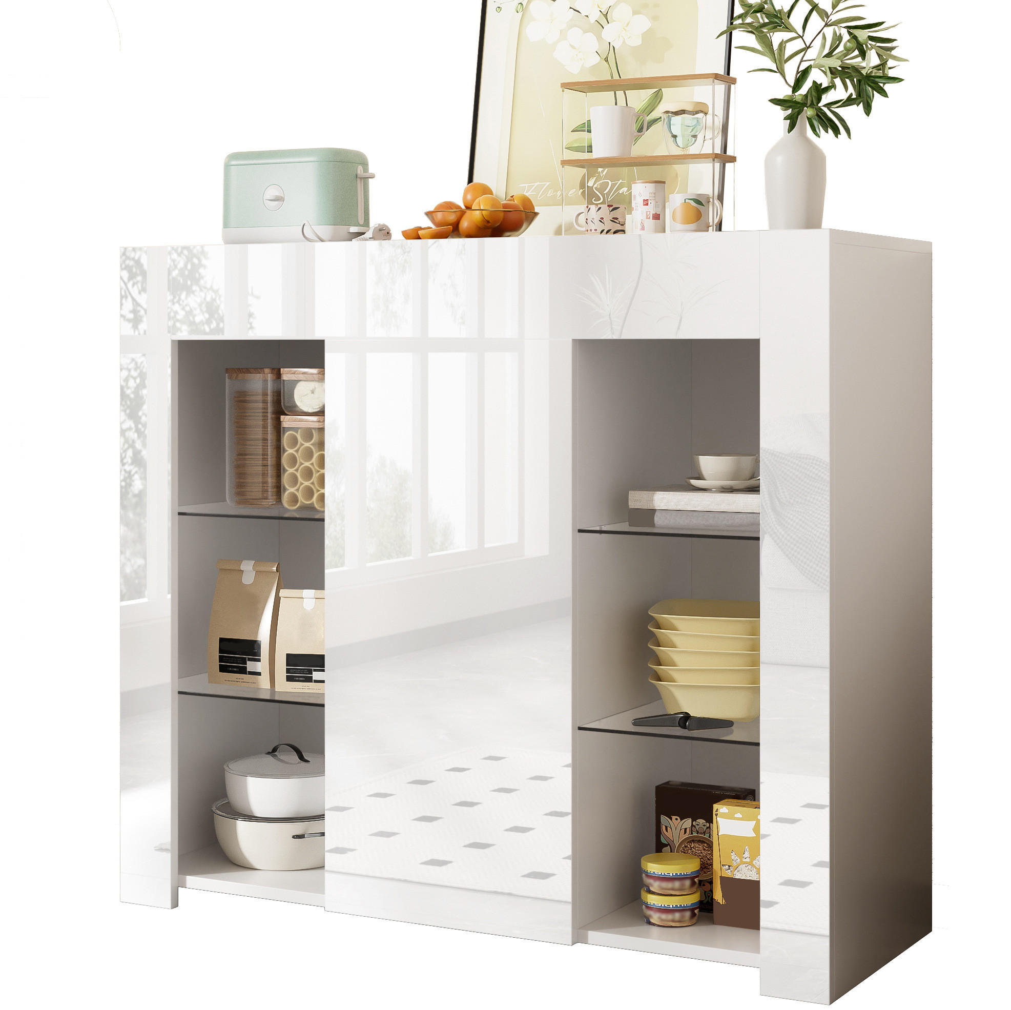 SIDEBOARD in Weiß mit Hochglanz-Front und Glasregalen, kompaktes Buffet mit Tür, 95/35/83 cm, Weiß - Weiß, Holzwerkstoff (95/83/35cm) - Redom