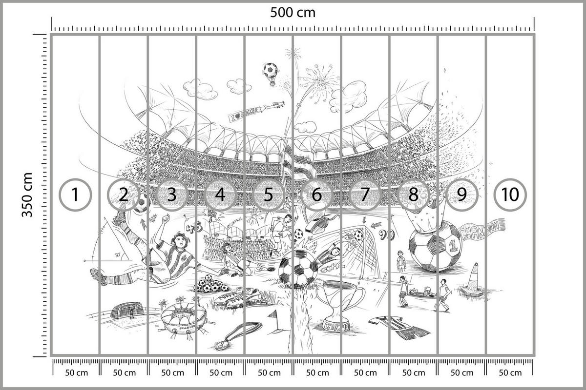 FOTOTAPETE für Kinderzimmer Fußballstadion Skizze Spieler Ball Pokal Sport 500x350 - Weiß/Grau, Papier (500/350cm) - Muralo