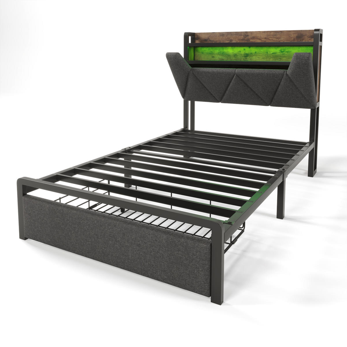 POLSTERBETT 90/200 cm in Grau Leinen mit Stauraum-Kopfteil, Schublade, LED, USB und Type-C - Schwarz/Grau, Holzwerkstoff/Textil (90/200cm) - STILVORA