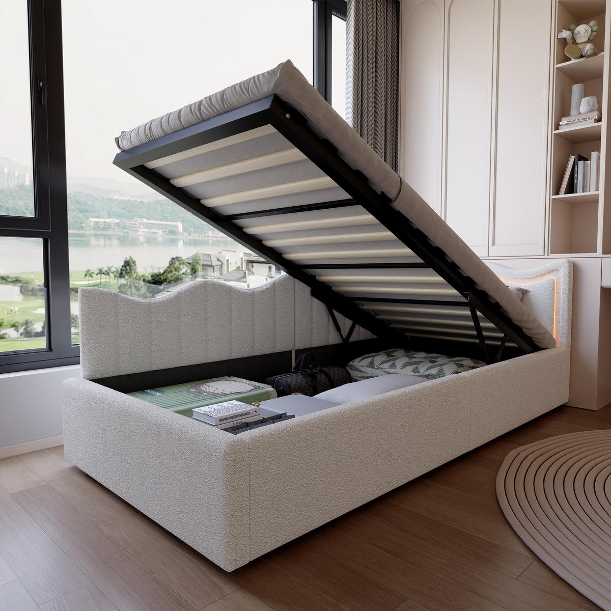 POLSTERBETT 90x200 cm LED Stauraum Kopfteil Samt weiß - Weiß, Holz (90/200cm) - LEBENLANG