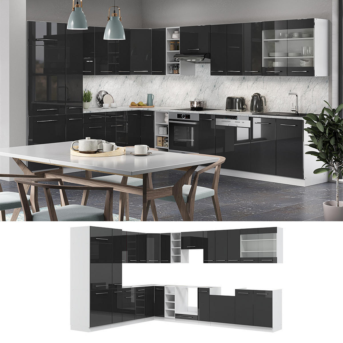 ECKKÜCHE Fame-Line Anthrazit Hochglanz/Weiß 347 x 257 cm, AP Marmor - Anthrazit/Weiß, Holzwerkstoff (347/81.6/60cm) - Vicco