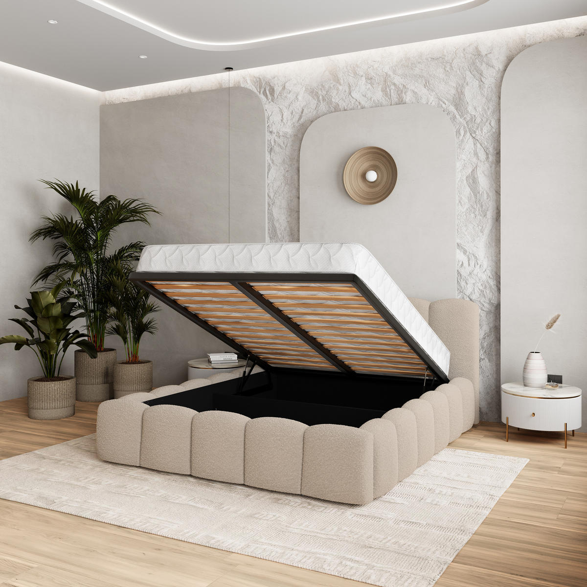 POLSTERBETT FALINA 140x200 cm mit Bettkästen - Beige - Beige, Holz (140/200cm) - MASSENO