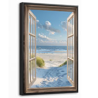 LEINWAND Bilder mit Rahmen - Aussicht - Strand - Fenster - Dünen - Meer - 20x30 - Hellblau, Textil (20/30cm) - MuchoWow