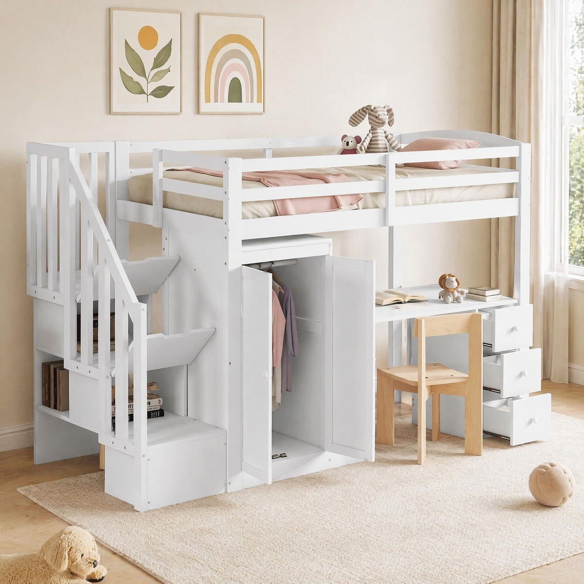 HOCHBETT 90/200 cm Weiß aus Kiefernholz und MDF mit Schreibtisch und Stauraum - Weiß, Holzwerkstoff (90/200cm) - OKMYHOME