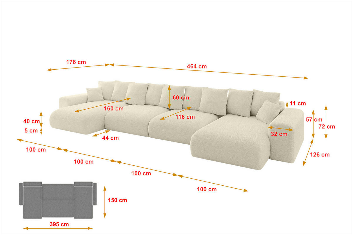WOHNLANDSCHAFT mit Schlaffunktion ESKAR-U2-464x176x72cm Beige - Creme/Haselnussfarben, Holzwerkstoff/Kunststoff (176/72/464cm) - ALTDECOR