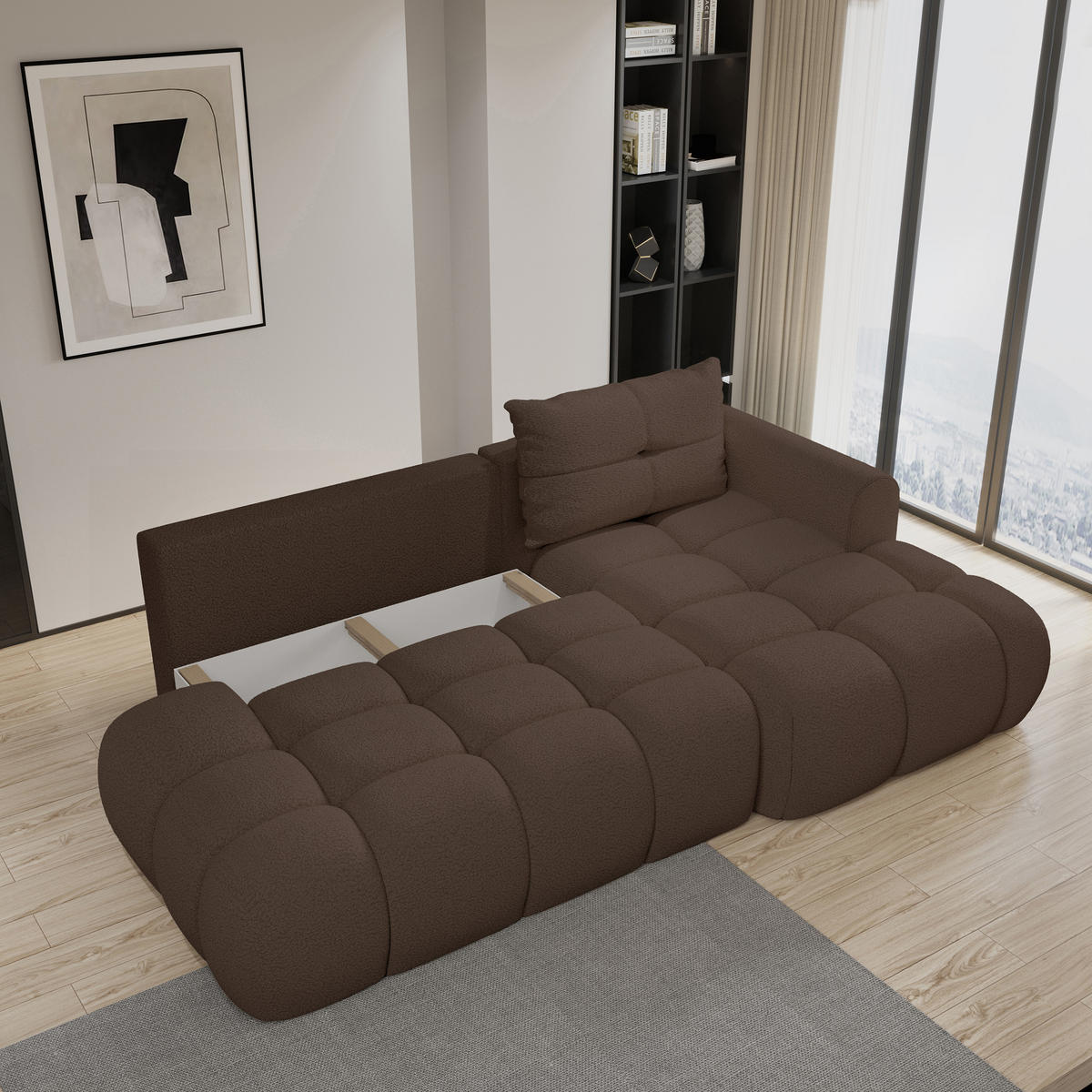 ECKSOFA FLUMA R-S Braun Boucle-Stoff mit Schlaffunktion - Braun, Holz (274/165cm) - MASSENO