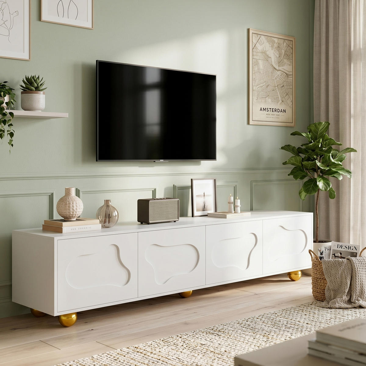 TV-LOWBOARD Lowboard Weiß Wolkenform 4 Türen für 75-Zoll TV 180cm - Weiß, Holzwerkstoff (180/45/40cm) - Urban Meuble