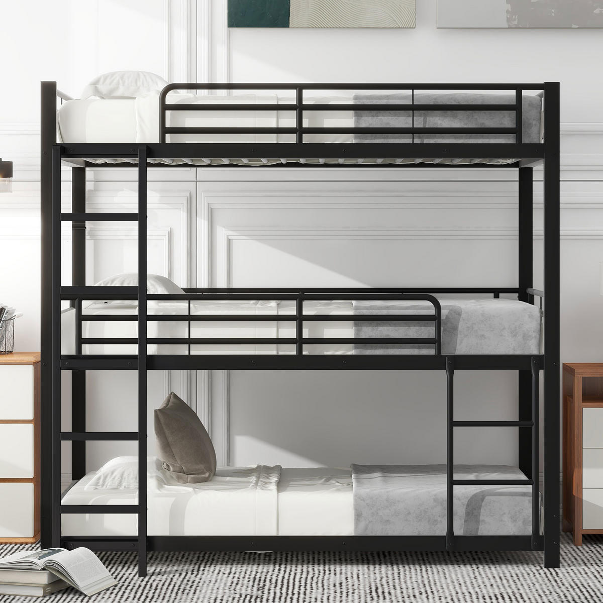 ETAGENBETT Dreifach 90/200 cm Schwarz Metallbett mit Geländern - Schwarz, Metall (90/200cm) - OKWISH