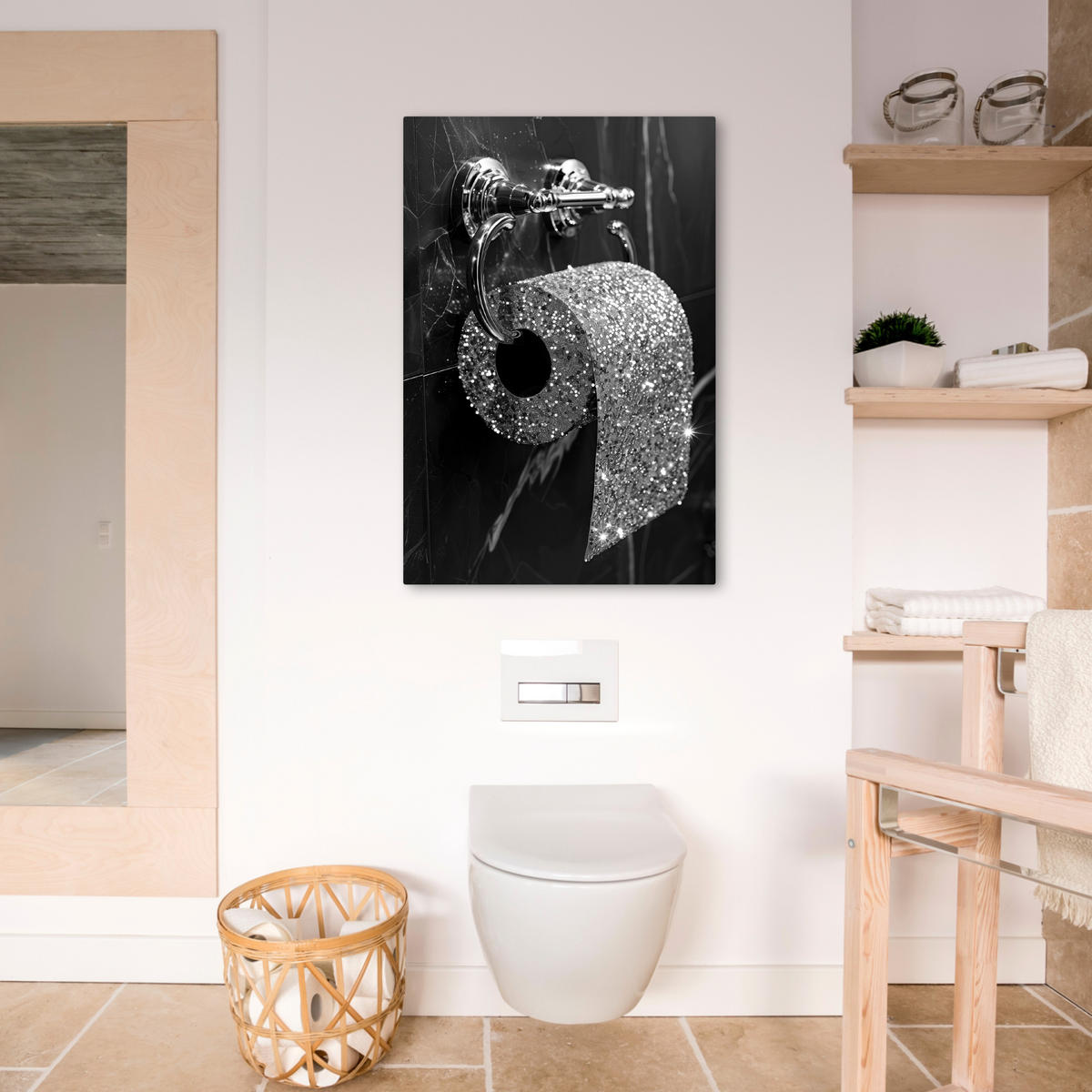 LEINWANDBILD WC - Toilettenpapier - Schwarz und weiß - Glitter 60x90 cm - Silberfarben, Textil (60/90cm) - MuchoWow