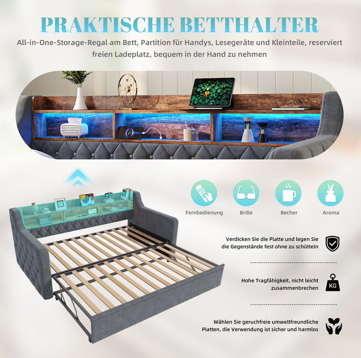 BETT 90/190 cm in Dunkelgrau mit Bett, LED-Beleuchtung und USB-Anschlüssen - Dunkelgrau, Textil (90/190cm) - Flora Grace