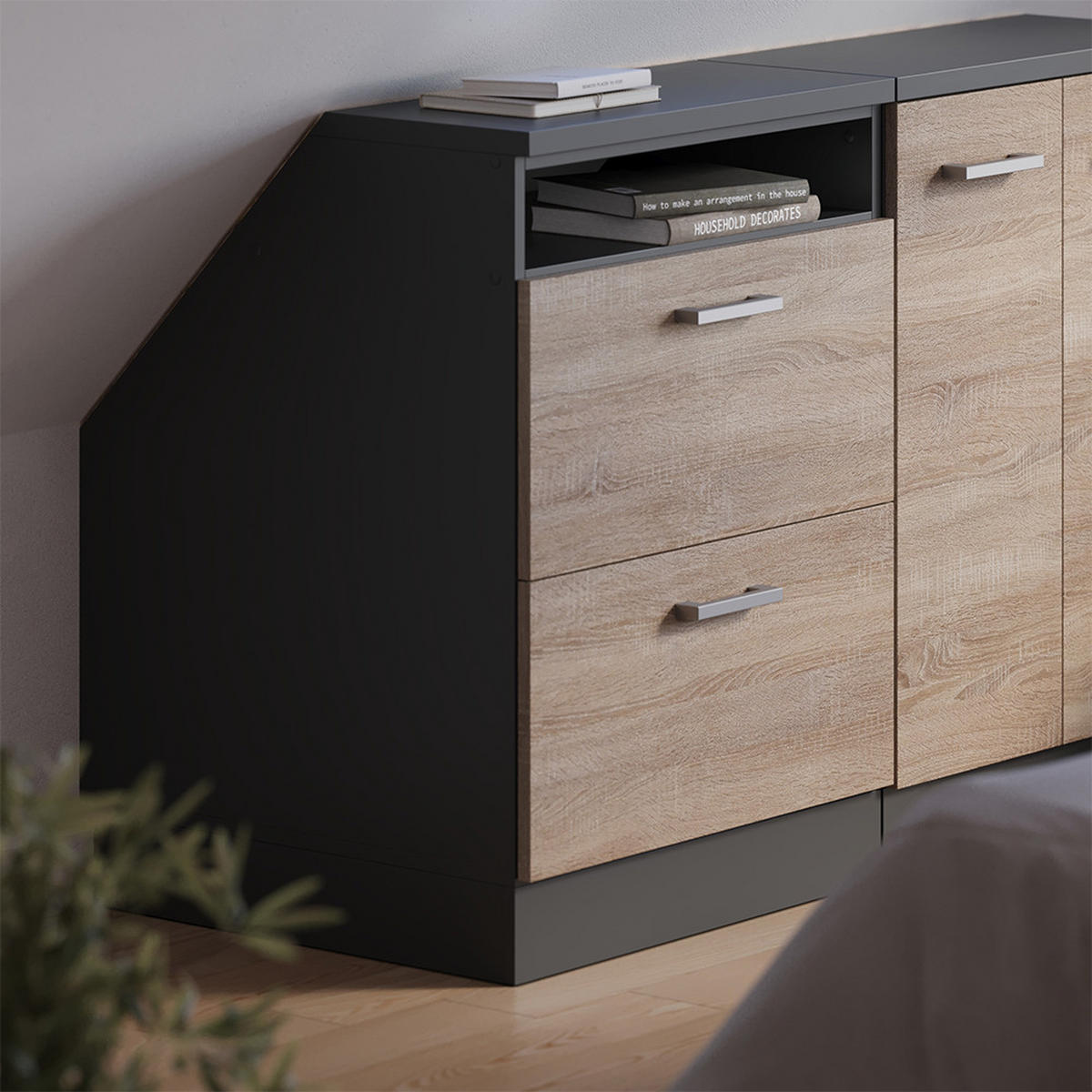 ŠIKMÁ SKRIŇA Rion Sonoma 60 x 81.6 cm s 2 zásuvkami, korpus skrine hĺbka 60 cm - antracitová/dub sonoma, kompozitné drevo (60/83.8/60cm) - Vicco