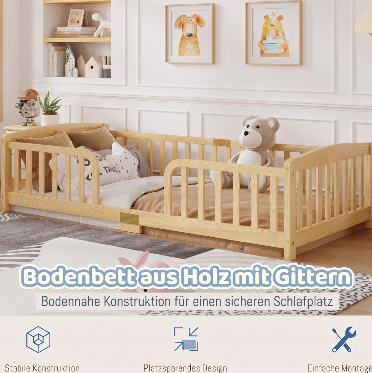 BODENBETT 90x200 cm in Natur mit Schutzgeländer und mittigem Einstieg - Naturfarben, Holz (90/200cm) - IVMEU