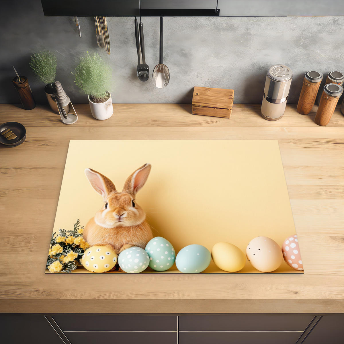 HERDABDECKPLATTE Eier - Kaninchen - Pastellfarbtöne Herdabdeckung Induktionsfeld 70x52 cm - Hellgelb, Kunststoff (70/52/0.2cm) - MuchoWow