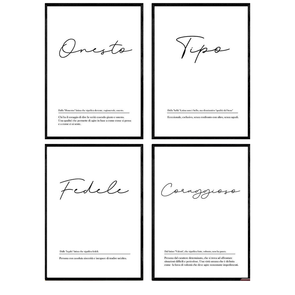 POSTER Set mit 4 Englisch Il mio compagno von Wörtern mit Definitionen A4 Schwarzer Rahmen - Schwarz, Papier (29.7/3cm) - Nacnic