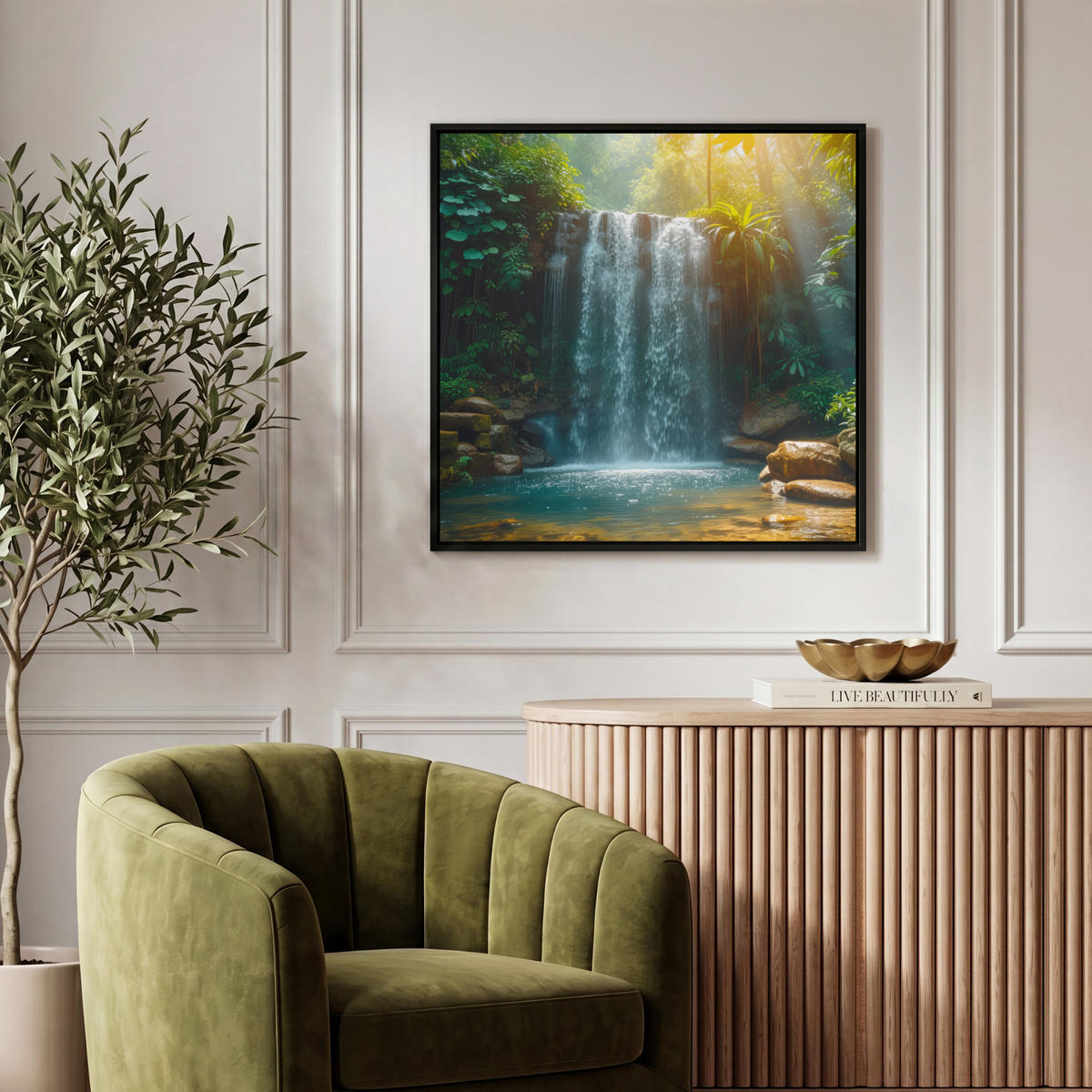 LEINWAND Bilder mit Rahmen - Wasserfall - Dschungel - Sonne - Grün - Natur - 50x50 - Grün, Textil (50/50cm) - MuchoWow