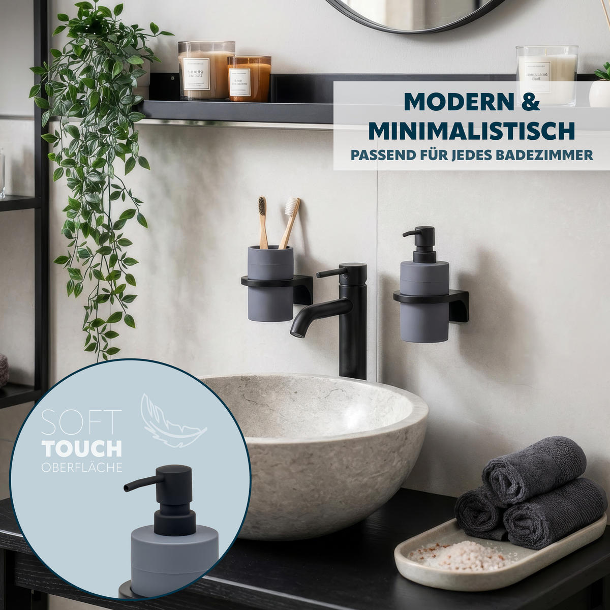 BADACCESSOIRESET SAVONA Softtouch (2er-Set) - Grau, Kunststoff (7/16/9cm) - bremermann