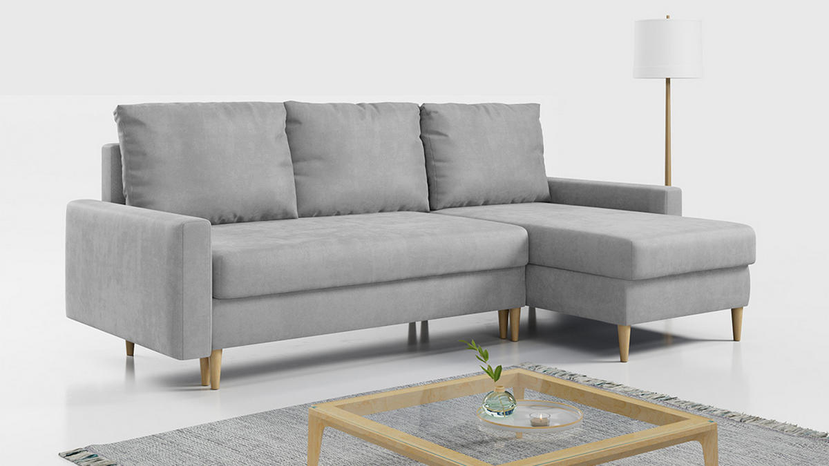 ECKSOFA Lang Velvet Hellgrau - Hellgrau/Braun, Holz/Textil (220/140cm) - MKS