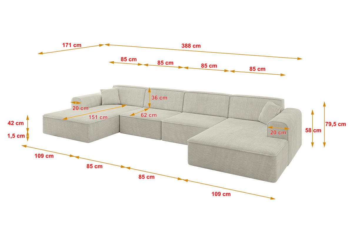 WOHNLANDSCHAFT IREA-U2-v3 - 388x171x79 cm Hellgrau - Ecru/Creme, Holzwerkstoff/Textil (388/79/171cm) - ALTDECOR