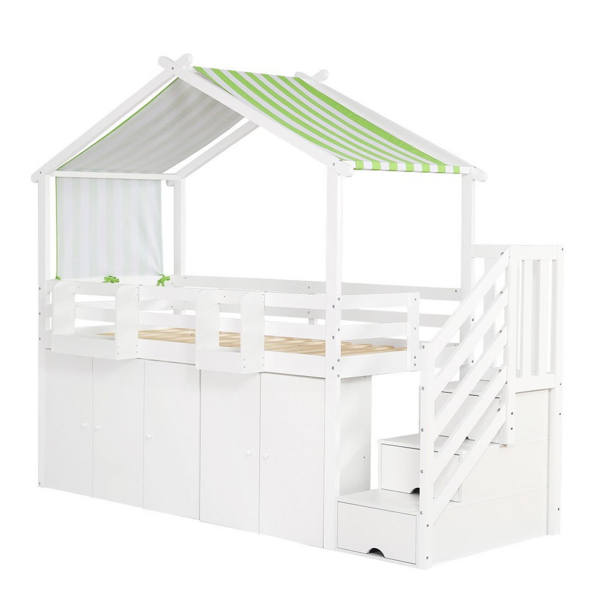 HAUSBETT 90x200cm in Weiß+Grün mit 1 Kleiderschrank und 2 Schließfächer - Weiß, Holz (90/200cm) - KOMHTOM