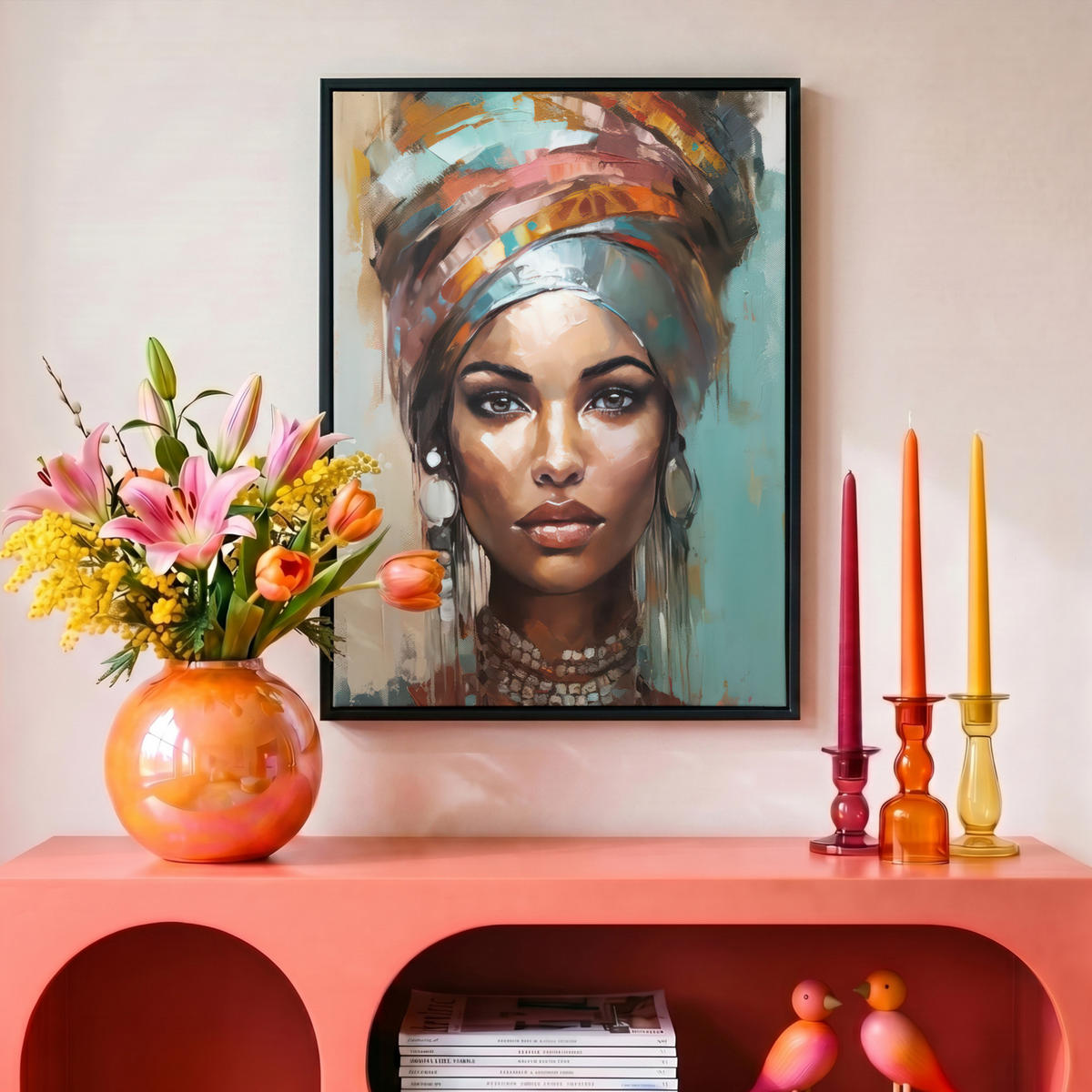 LEINWAND Bilder mit Rahmen - Frau - Kunst - Schmuck - Porträt - 30x40 - Blaugrau, Textil (30/40cm) - MuchoWow