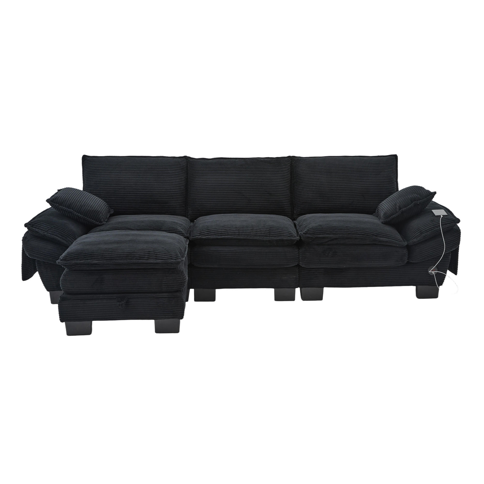 3-SITZER SOFA Cord Schwarz mit Hocker, USB-C und Seitentaschen - Schwarz, Holzwerkstoff/Kunststoff (260/132cm) - WISHDOR