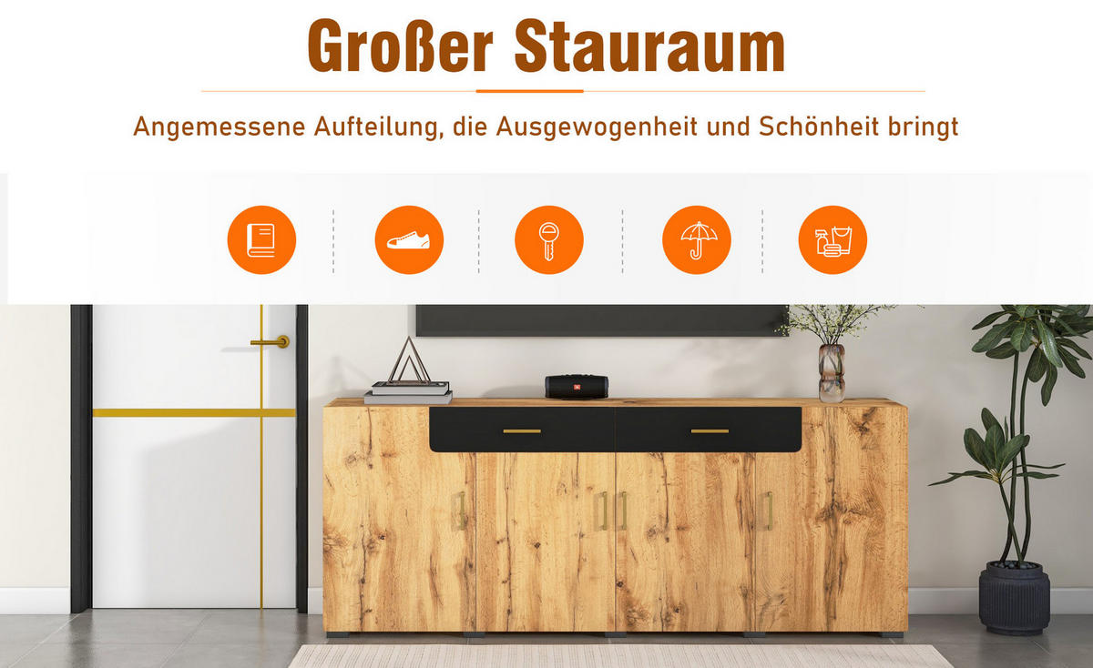 SIDEBOARD Holz- und Schwarzoptik 208/39,5/80 cm - Braun, Holzwerkstoff (39.5/80/208cm) - Urban Meuble
