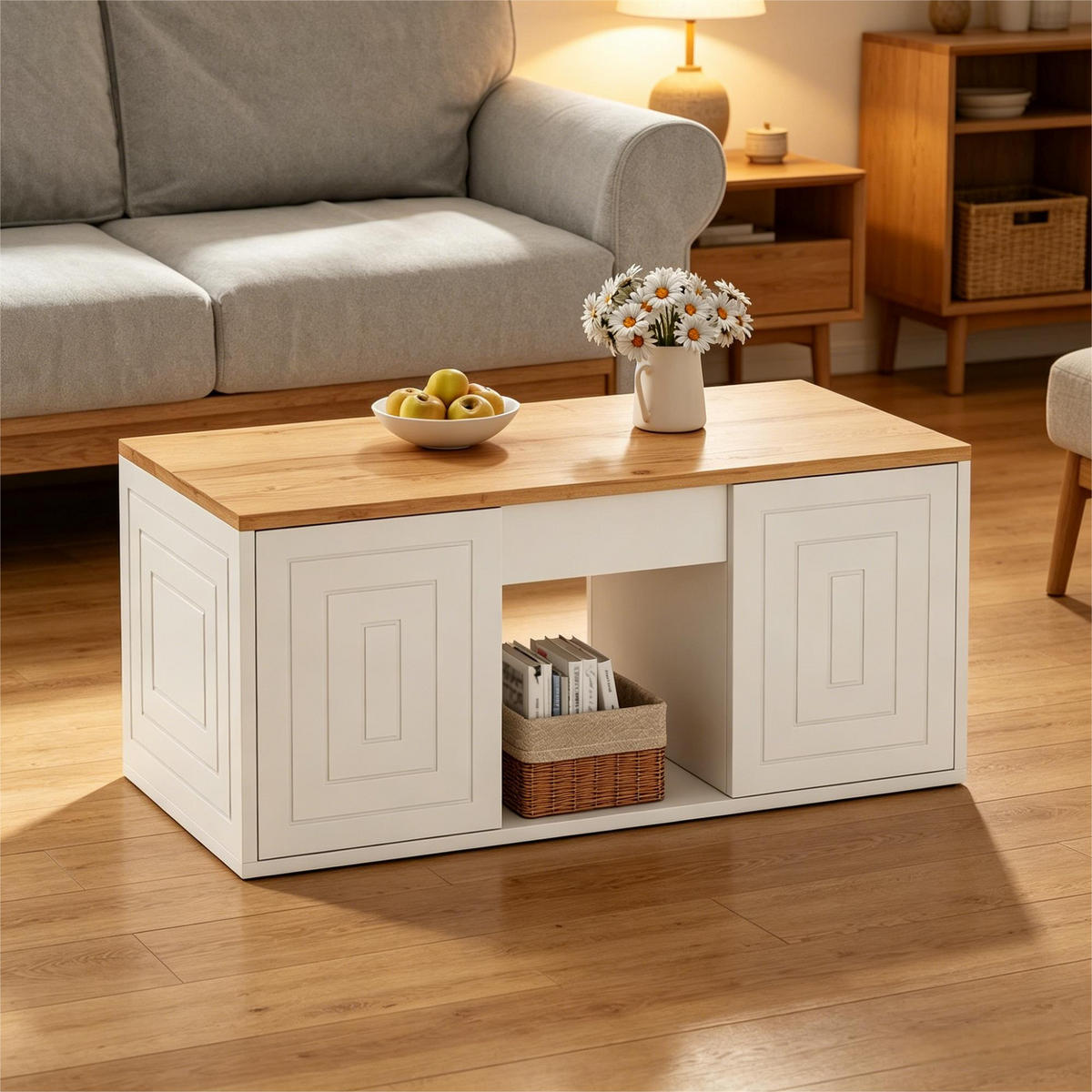 COUCHTISCH Höhenverstellbarer Multifunktionstisch mit Stauraum, Rillen-Design, Doppeltür-Schrank, Holz/Weiß - Weiß, Holzwerkstoff (95/46/45cm) - EVRYAE