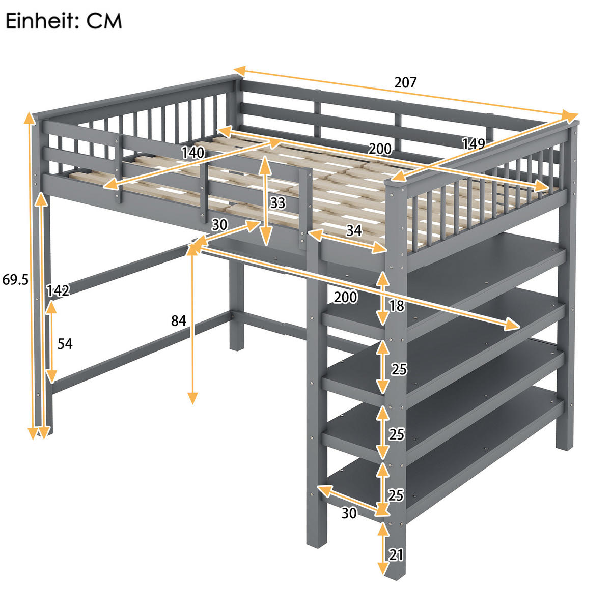 HOCHBETT aus Kiefernholz und MDF 140x200 cm Grau mit Schreibtisch und Ablagefächern - Grau, Holzwerkstoff (140/200cm) - IVMEU