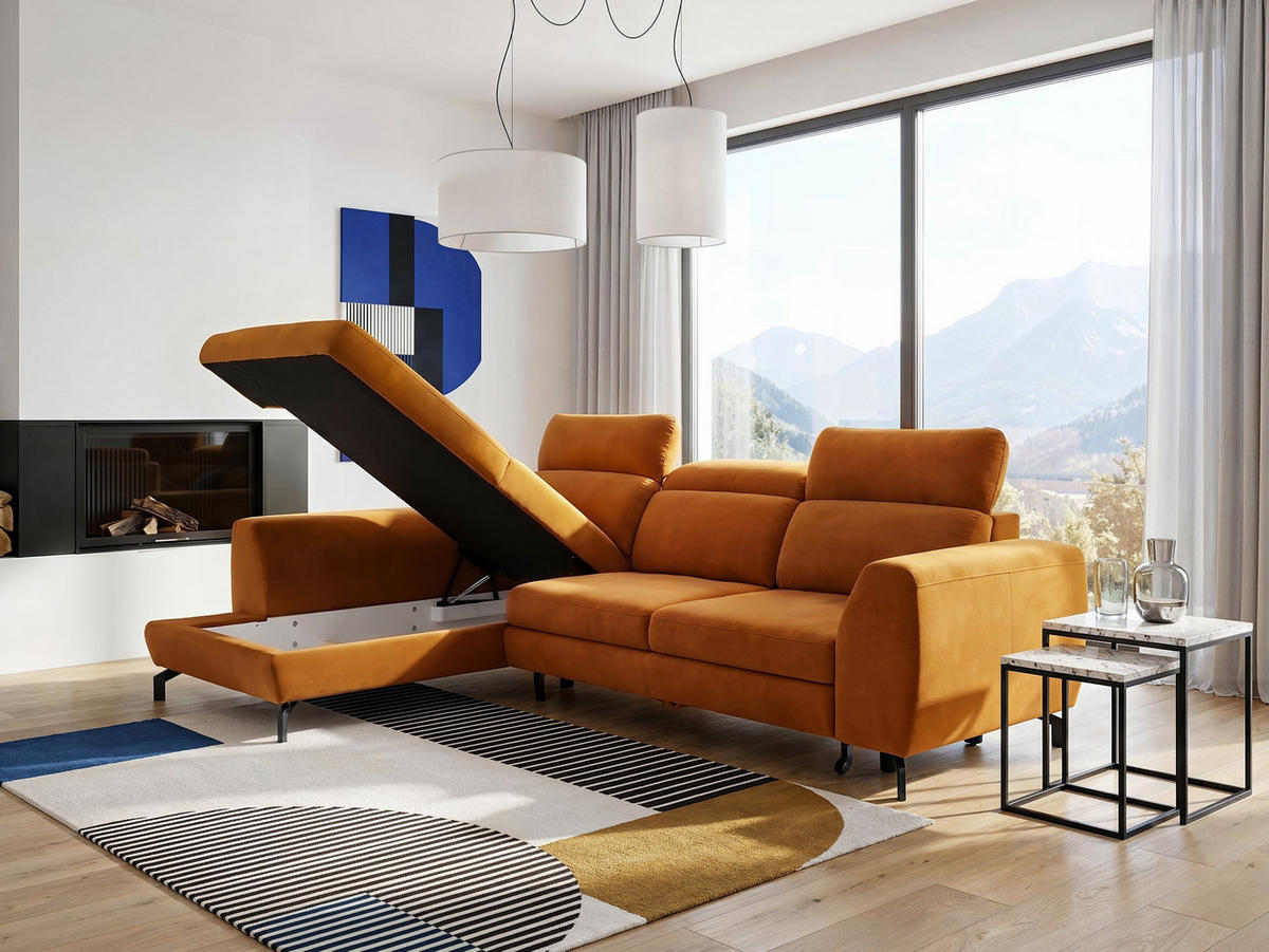 ECKSOFA ANTE Links, mit Schlaffunktion und Bettkasten, Senfgelb - Gelb, Textil/Metall (266/184cm) - Idohome