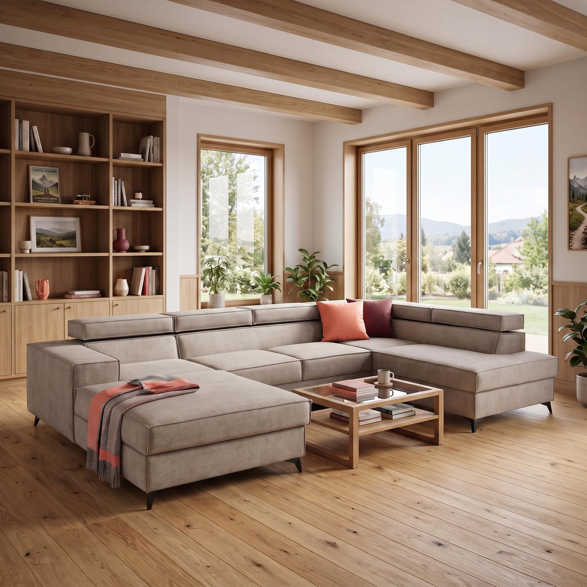 ECKSOFA PURE U Rechts mit Schlaffunktion 127x270 Velours Creme - Creme/Schwarz, Holz/Textil (204/340cm) - Muffo