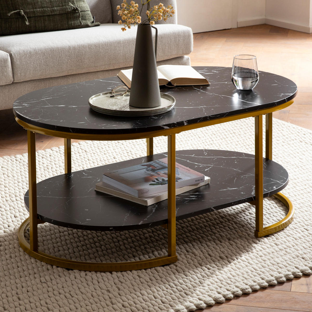 COUCHTISCH mit Marmor Optik, rechteckig, Ablage, goldenes Metallgestell, Schwarz 100x60x45 cm - Goldfarben/Schwarz, Holzwerkstoff/Metall (60/100/45cm) - KADIMA DESIGN