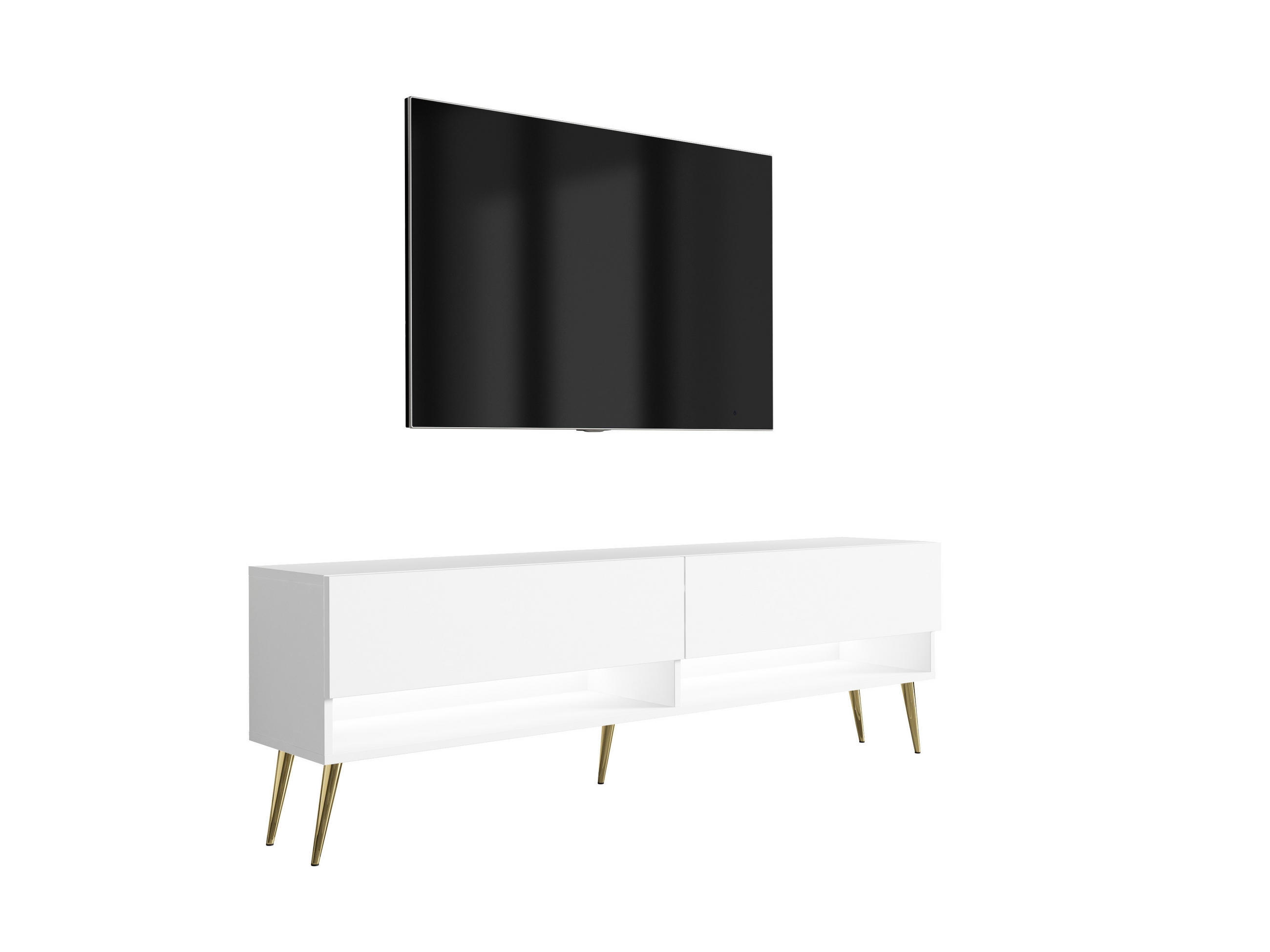 TV-LOWBOARD 170 cm Mattweiß, goldene schräge Beine, weiße LED, 170 × 32 × 52 cm - Weiß, Holzwerkstoff (170/52/32cm) - 3XE LIVING