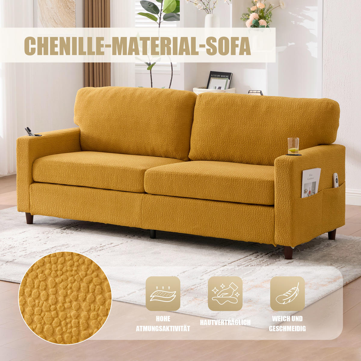 ZWEISITZER Sofa Chenille mit USB-Anschluss und LED Getränkehalter 203/77,5/86 cm Gelb - Gelb, Textil (77.5/86/203cm) - Redom