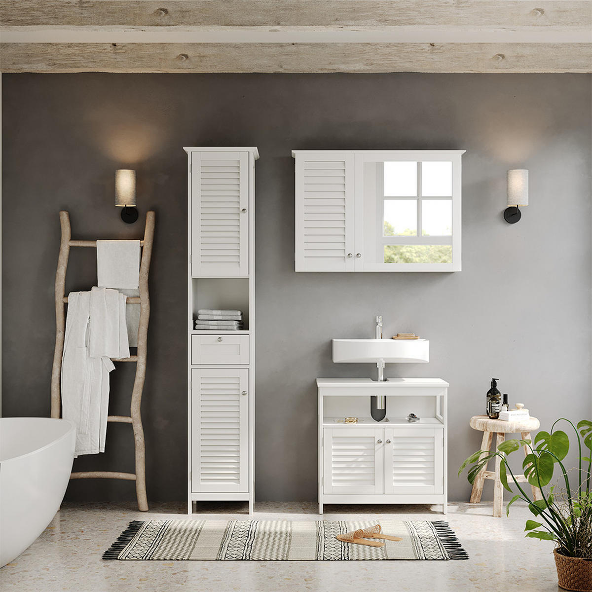 ZOSTAVA KÚPEĽŇOVÉHO NÁBYTKU Riad biely 3 diely, možnosť 2 - biela, kompozitné drevo (60/60/30cm) - Vicco