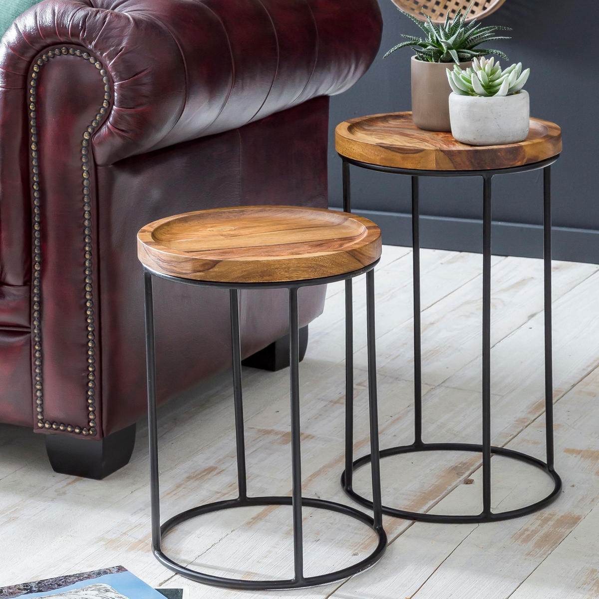 BEISTELLTISCH Set – Massivholz Metall Braun Schwarz 2-teilig Industrial - Schwarz/Braun, Holz/Metall (30/30/54cm) - KADIMA DESIGN