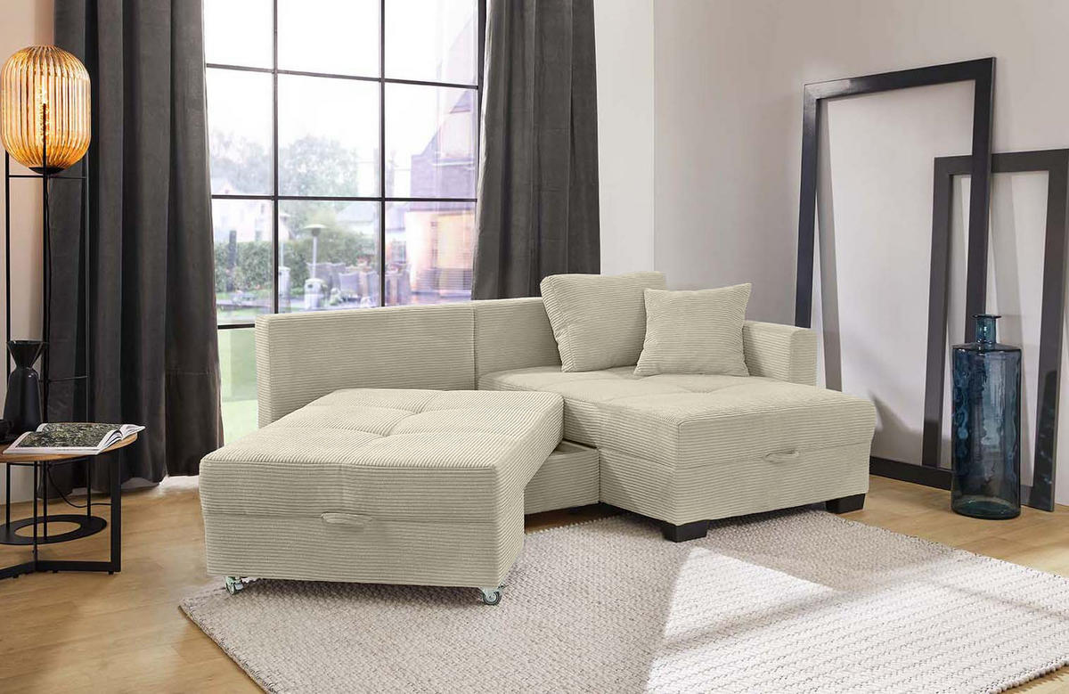 ECKSOFA Doppelbett mit Bettkasten, seitenverkehrt montierbar B247/T155/H87 cm, Liegefläche 183x207 cm, Cord Beige Grau / 15215 - Greige/Beige, Kunststoff/Textil (247/155cm) - luma-home