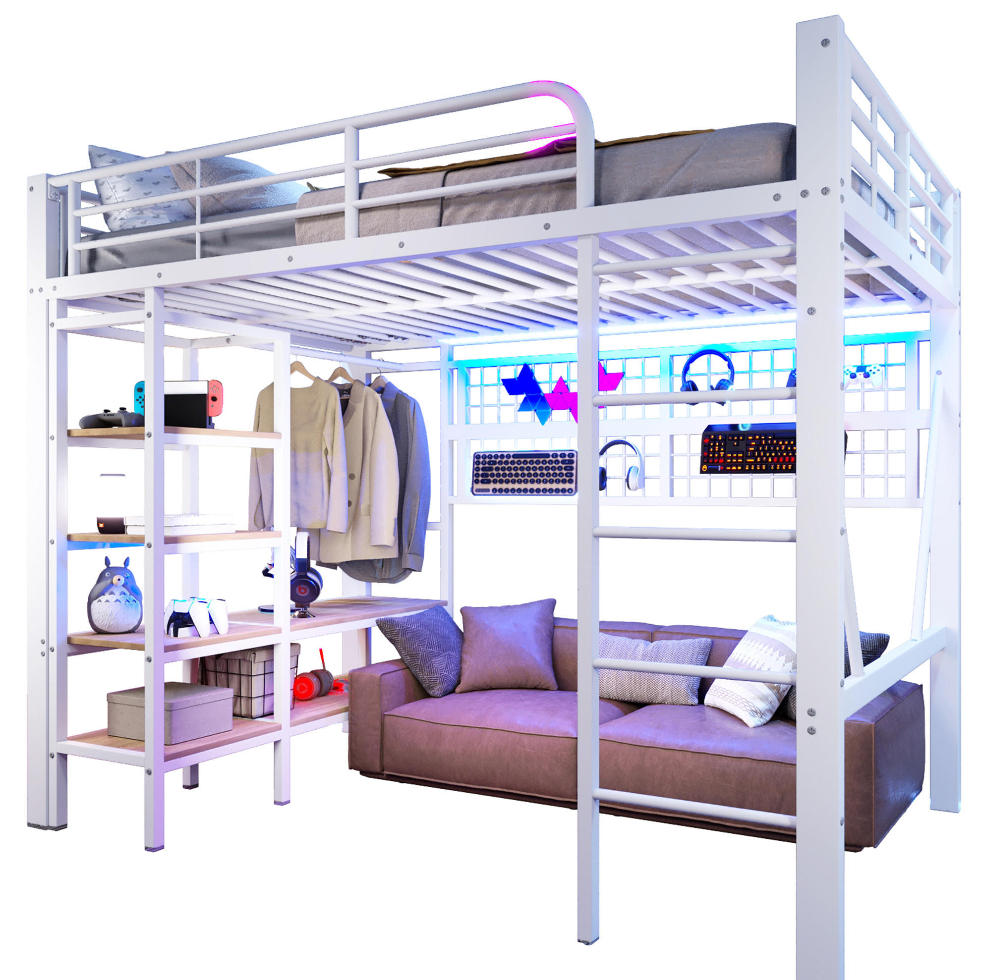 HOCHBETT 140/200 cm Weiß mit LED und Kleiderstange ohne Matratze - Weiß, Metall (140/200cm) - MIVRAY