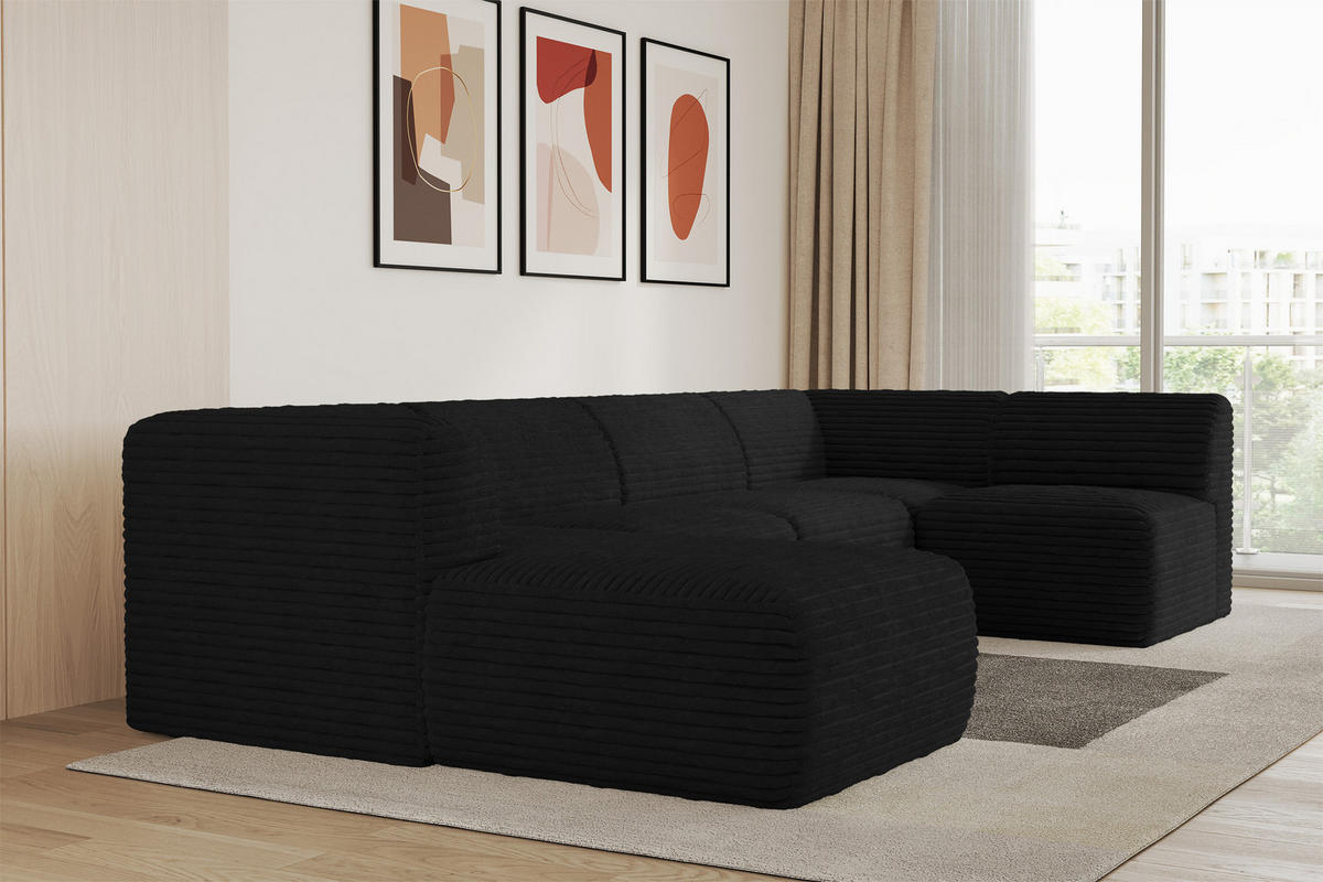 WOHNLANDSCHAFT Ottomane Links MOVO-L 345x180x78 cm Schwarz Cord - Schwarz, Holzwerkstoff/Kunststoff (345/78/180cm) - ALTDECOR