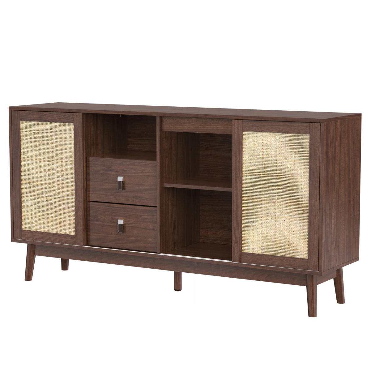 SIDEBOARD Nussbaum, 3 Rattan-Schiebetüren, 2 Schubladen - Kastanienfarben, Holz (155/80/38cm)