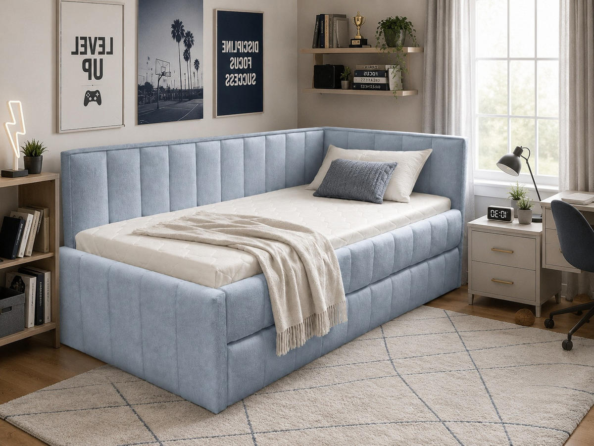 POLSTER-KINDERBETT LUKA 90x200 cm, rechts, mit Ausziehbett – Hellblau - Hellblau, Textil - KS Home Concept