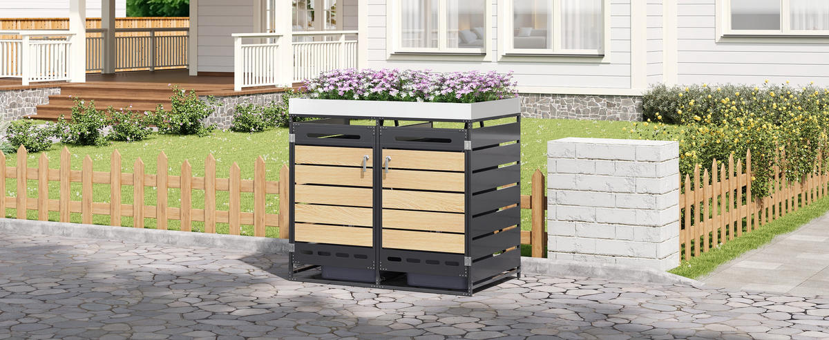 MÜLLTONNENBOX Pflanzkasten Holzoptik horizontal Schloss - Schwarz, Metall (131/120/79cm) - LEBENLANG