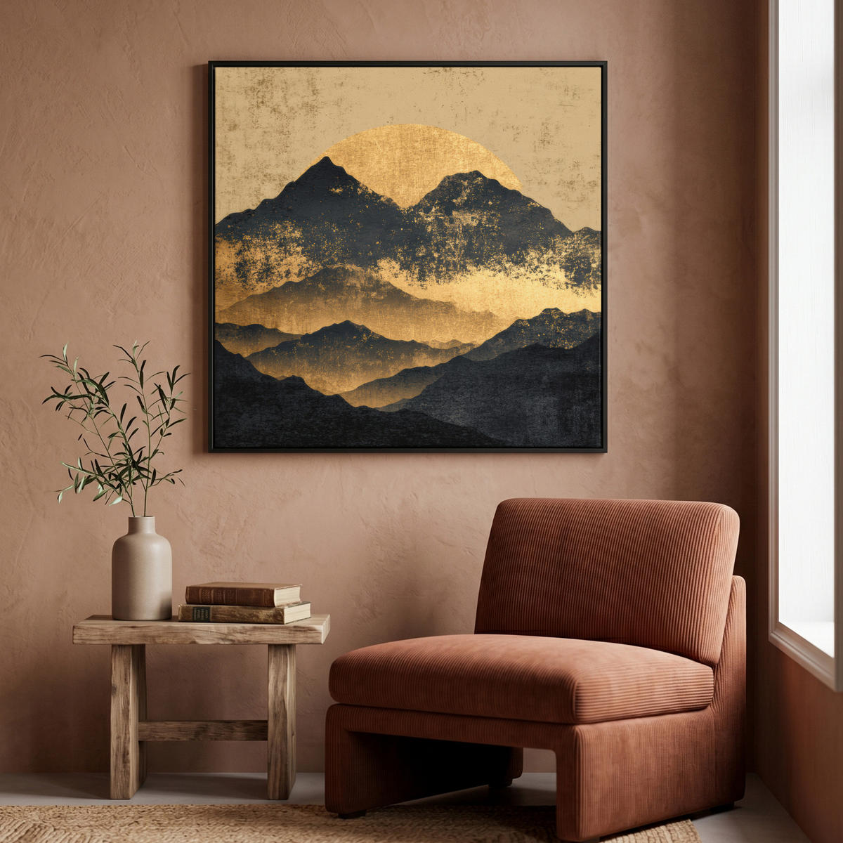 LEINWAND Bilder mit Rahmen - Goldene Berge bei Mondschein - 90x90 - Goldfarben, Textil (90/90cm) - MuchoWow