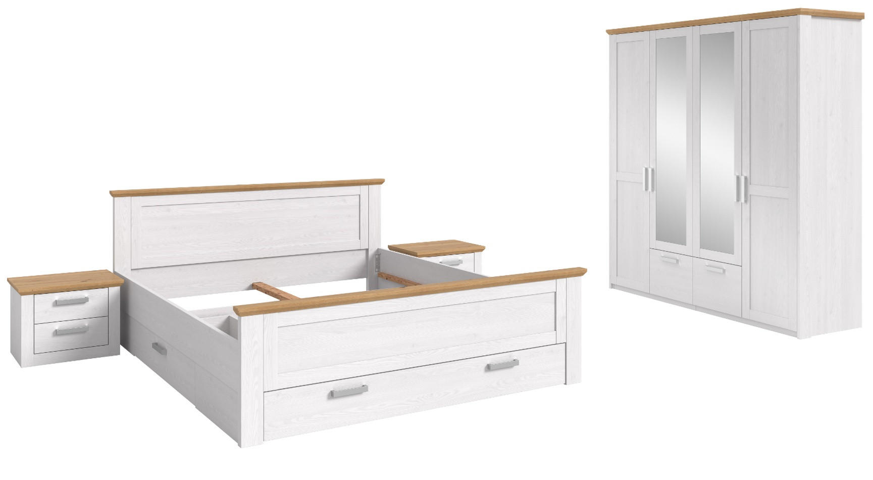 SCHLAFZIMMER weiß Lärche, Eiche Artisan Landhaus, Komplettset mit Bett Liegefläche 180 x 200 cm - Eichefarben/Silberfarben, Holzwerkstoff/Kunststoff (180/200cm) - Inn.Furn